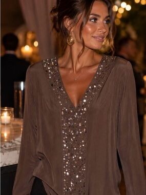 100% Silk Brown Beaded Sequin V-Neck Long Sleeve Evening Blouse Party Top